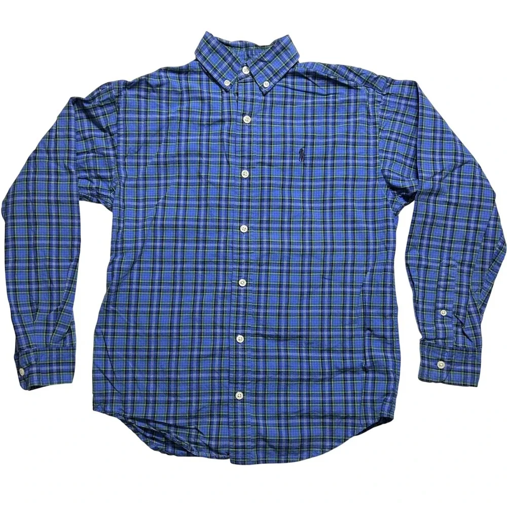Ralph Lauren Kids‎ Plaid Button-Up Shirt Blue Green Cotton Blend Size Medium